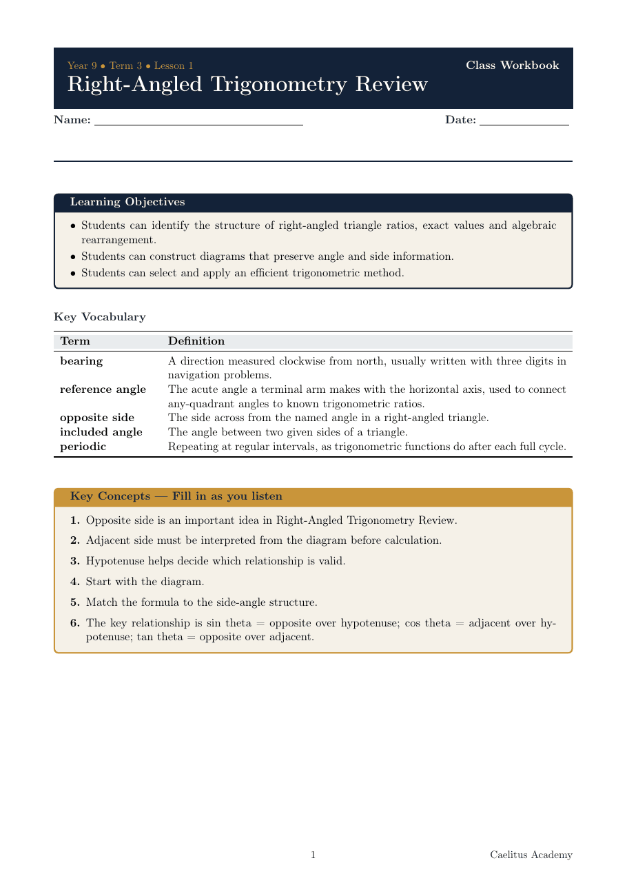 Caelitus Extension Mathematics workbook page — Right-Angled Trigonometry